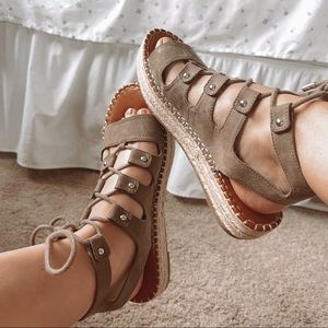 Tan Suede Platform Gladiator Sandals